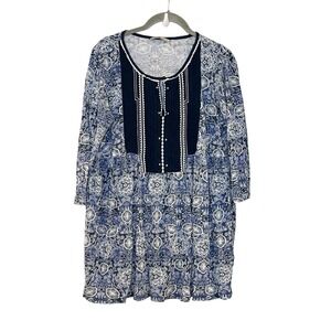 Tu Blue Floral Paisley Scoop Neck Long Sleeve Floral Resort Top Peasant‎ Boho 18